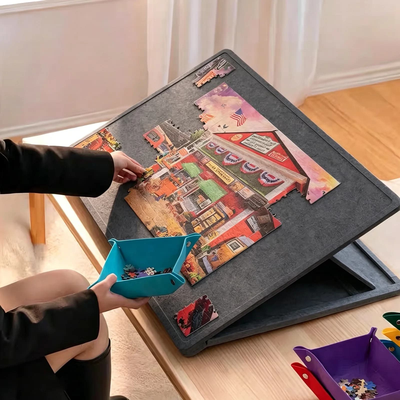 Portable 1000pcs Puzzle Board Felt Fabric Puzzle Platform Puzzle Games 2 in 1 Stand and Protective Case with 6 Sorting Drawers