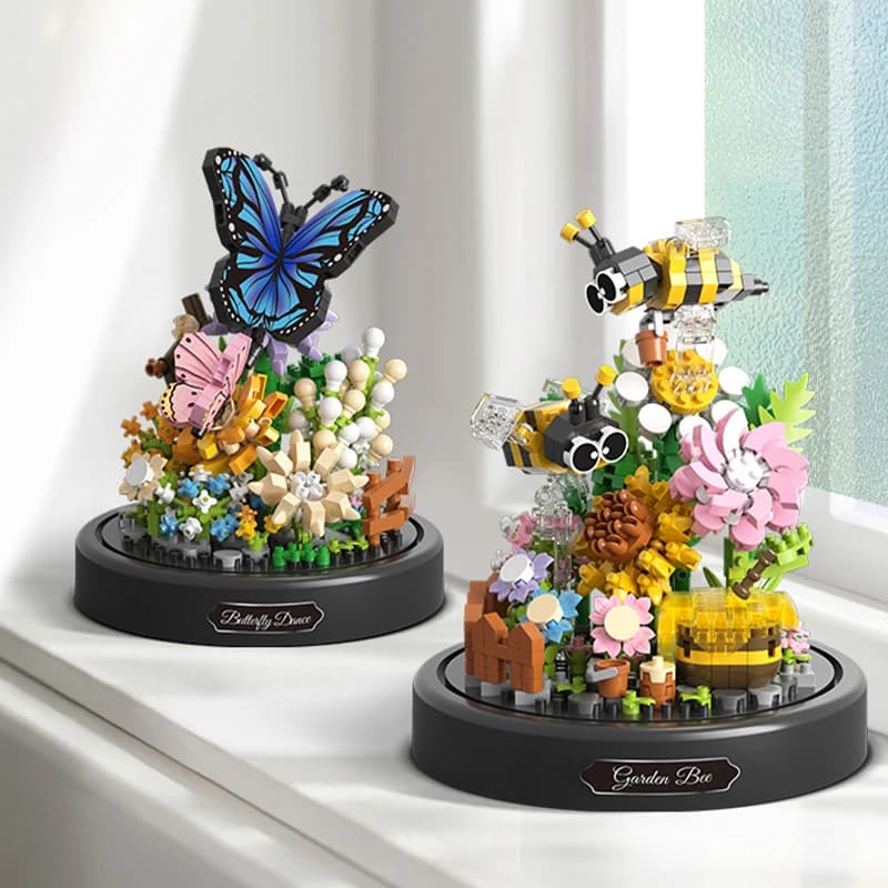 Bee Butterfly Flower Bonsai Building Blocks Insect Plant Potted Model Bricks With Dust Cover Educational DIY Toy Holiday Gift