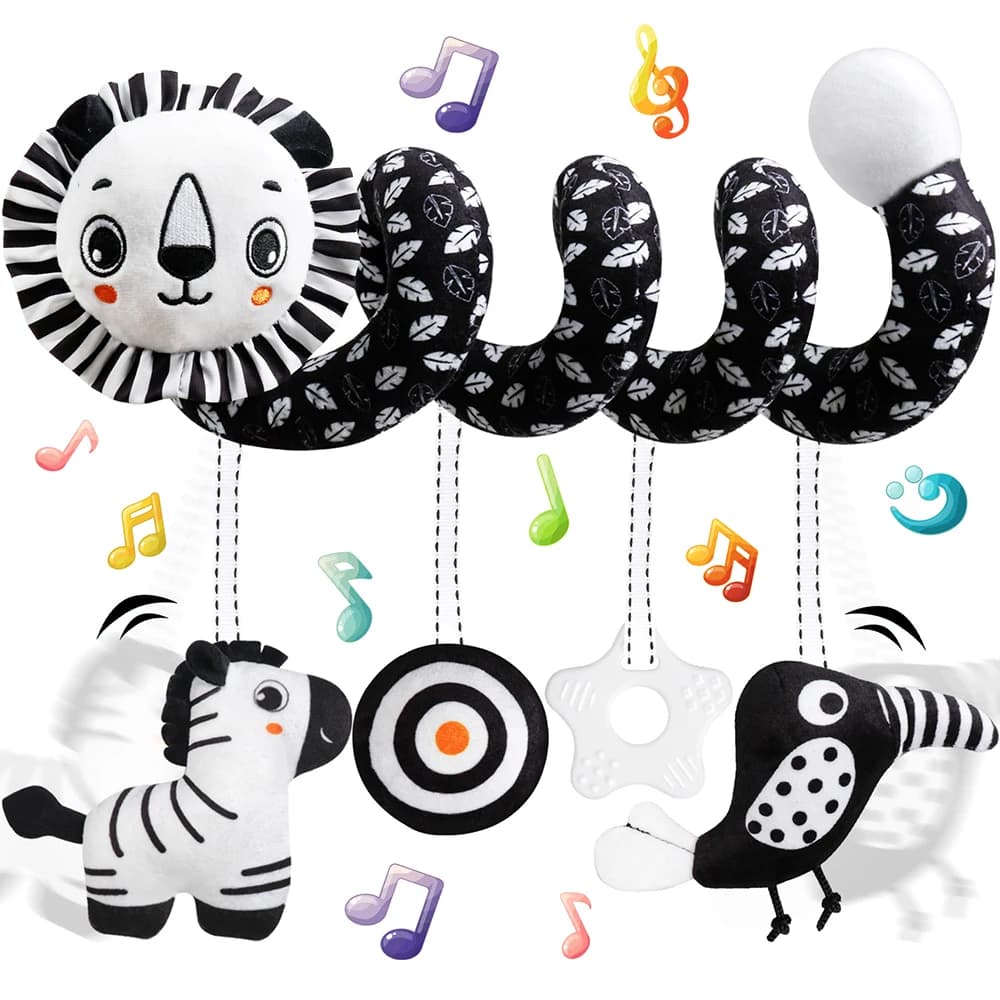 Baby Carseat Toy Black & White Lion Koala Rattle Spiral Hanging Activity Stroller Toy for Newborns Crib Mobile Sensory Toy Gifts