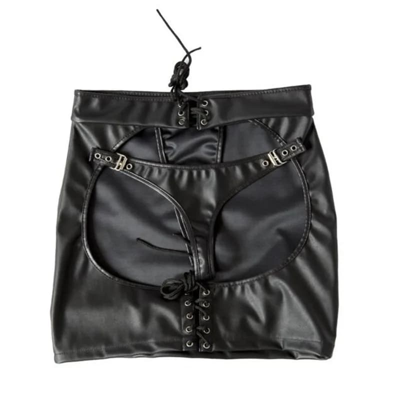 S-XXL Black PVC Bandage Mini Skirt & Thong Set Sexy Faux Leather Stage Show Costume for Women