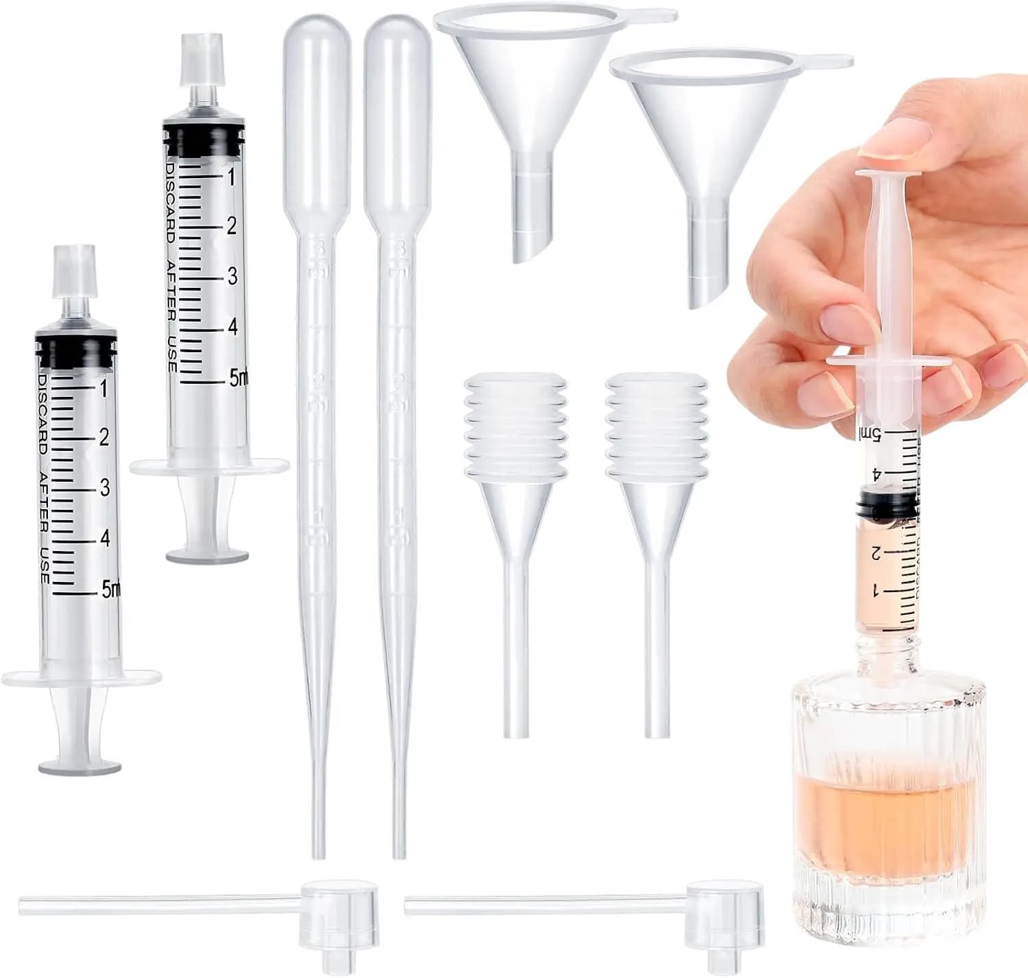 10 perfume refill kits, plastic perfume dispenser transfer tools, liquids. Perfume Sample Essential Oil Travel Supplement Kit