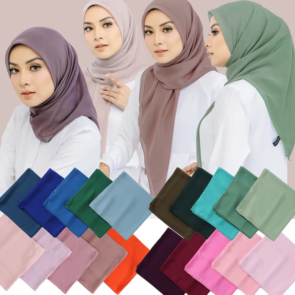 110X110CM Malaysia Square Chiffon Hijab Solid Muslim Head Scarf Ladies Plain Shawl and Wrap Headband Foulard Tudung Bawal