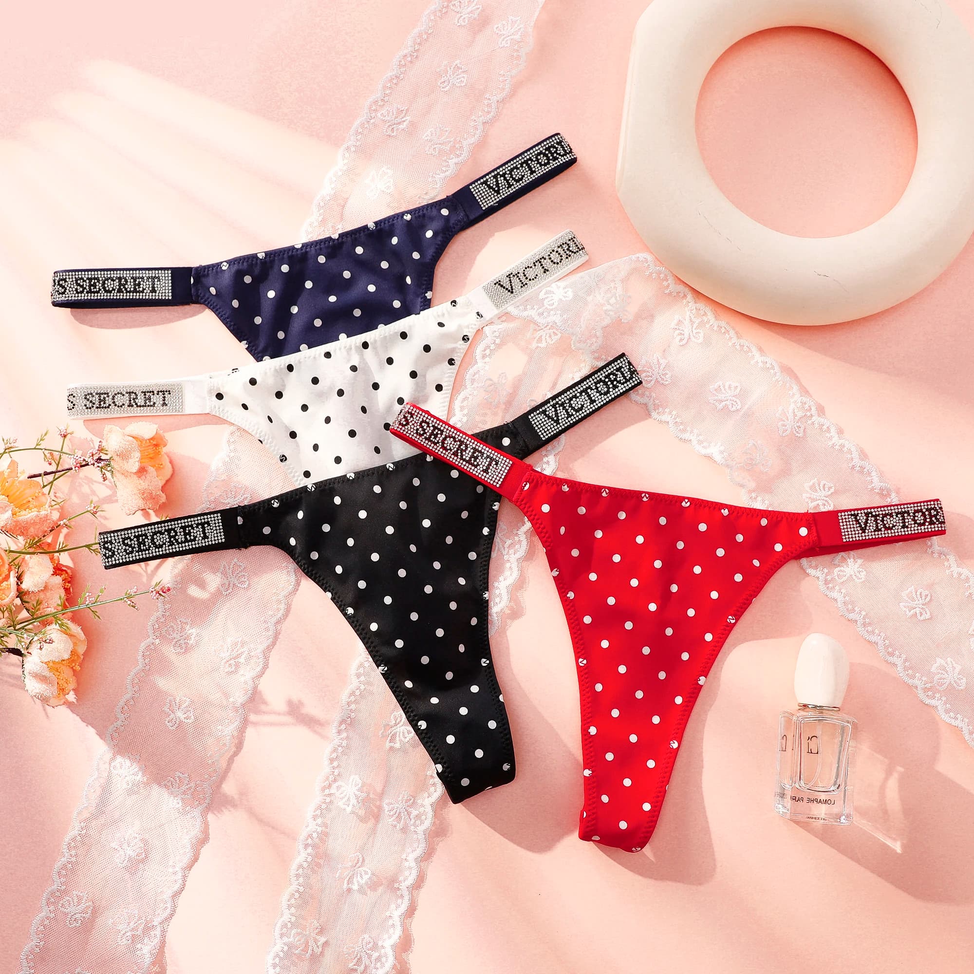 VS Panties Set Breathable Cotton Hipster Underwear Thong Hipster Seamless Victoria Secret Women Polka Dot Lace Bikini Cheeky