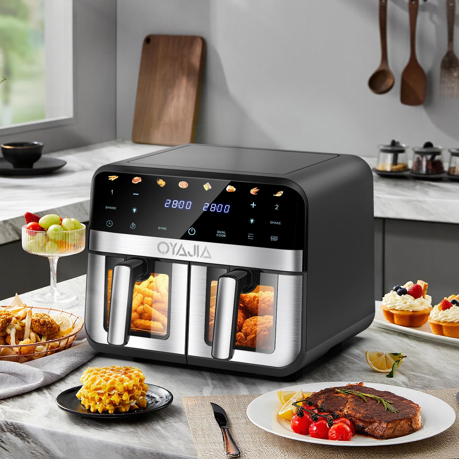 XL 11.5L Dual-Basket Air Fryer with Visual Window, 8 Preset Cooking Functions Versatile Smart Cooker Baking Roasting Reheating