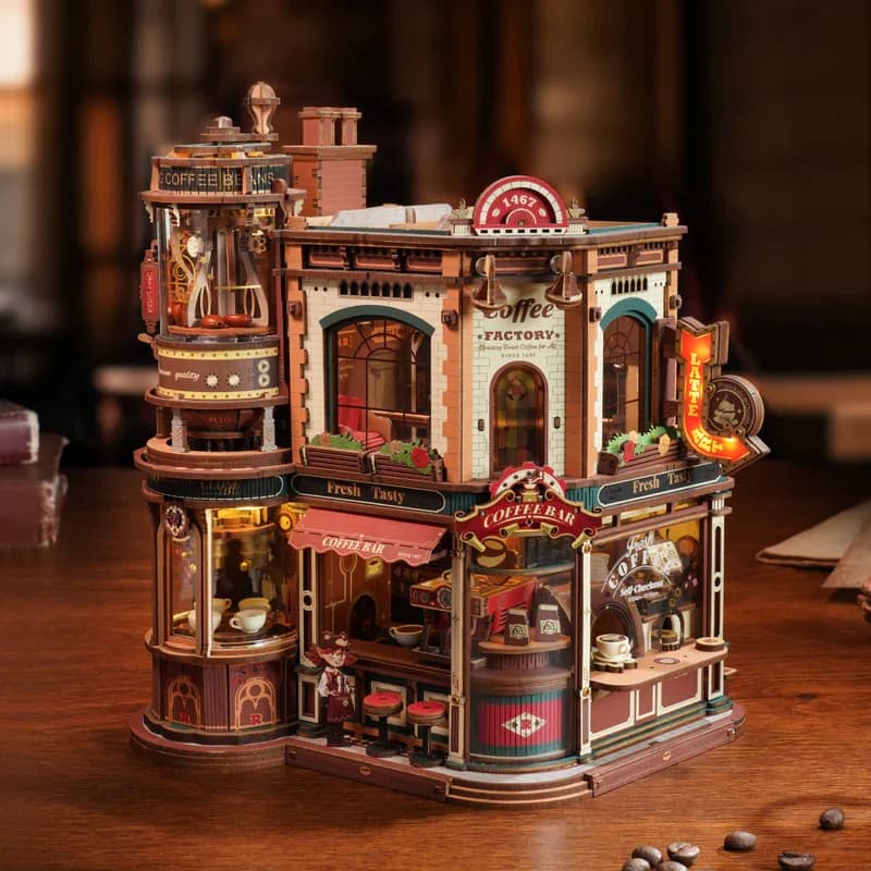 ROKR Dream Coffee Factory 3D Wooden Puzzles Wooden Music Box Christmas Wooden Model Kits Build Best Gifts for Kids Adults EAB02