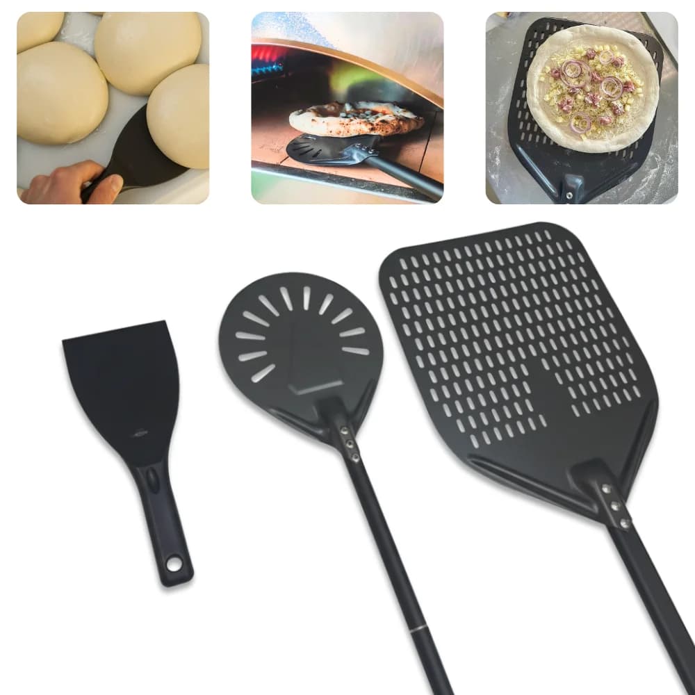 Pizza Peel Set with Dough Scraper 12 13 14 & 7 Inch Long Handle Turning Paddle Dough Cutter Pizza Making Tools Kit