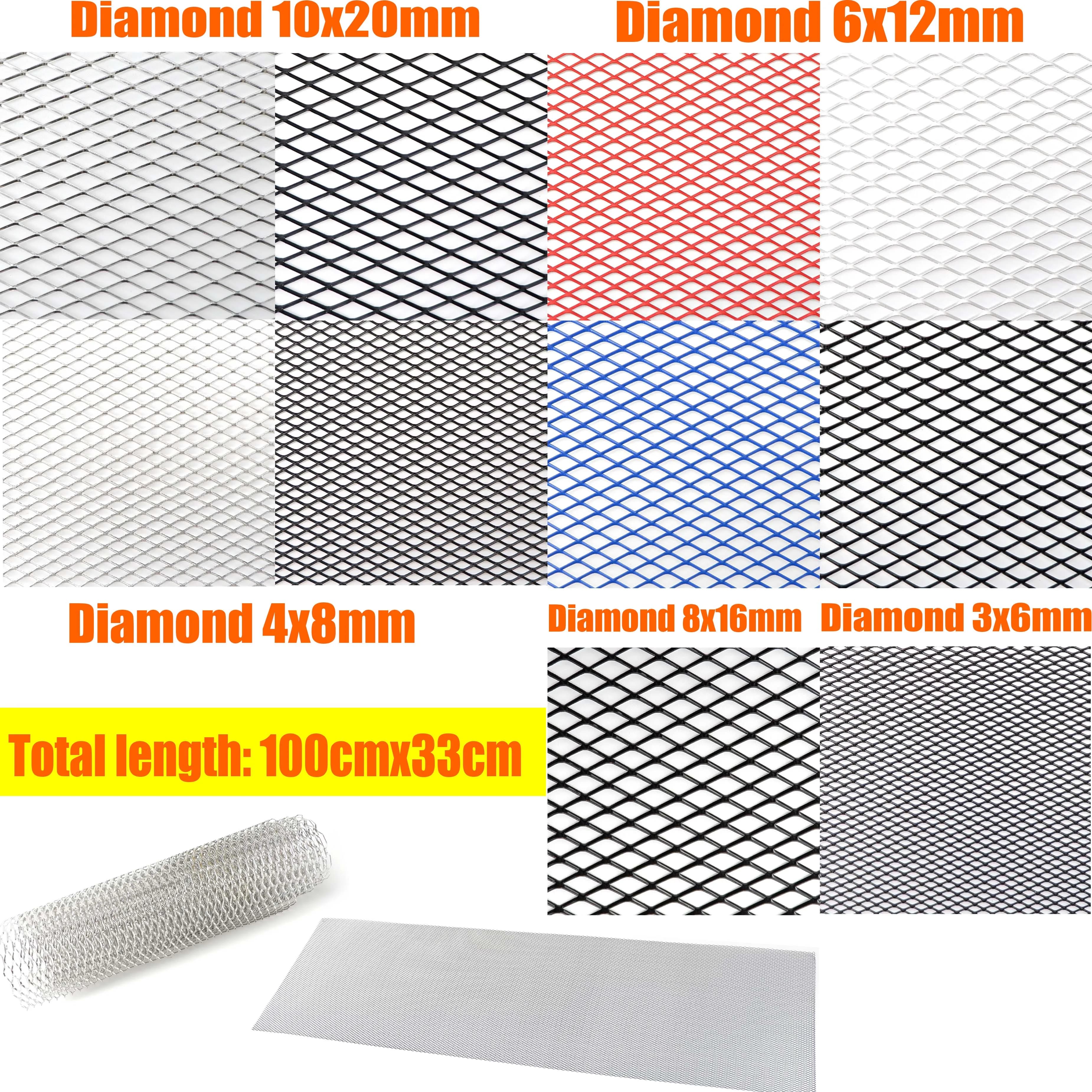 100x33cm Diamond Hole Aluminium Racing Car Bumper Grille Grill Mesh Net Vent Black Silver Red Blue Tuning Universal