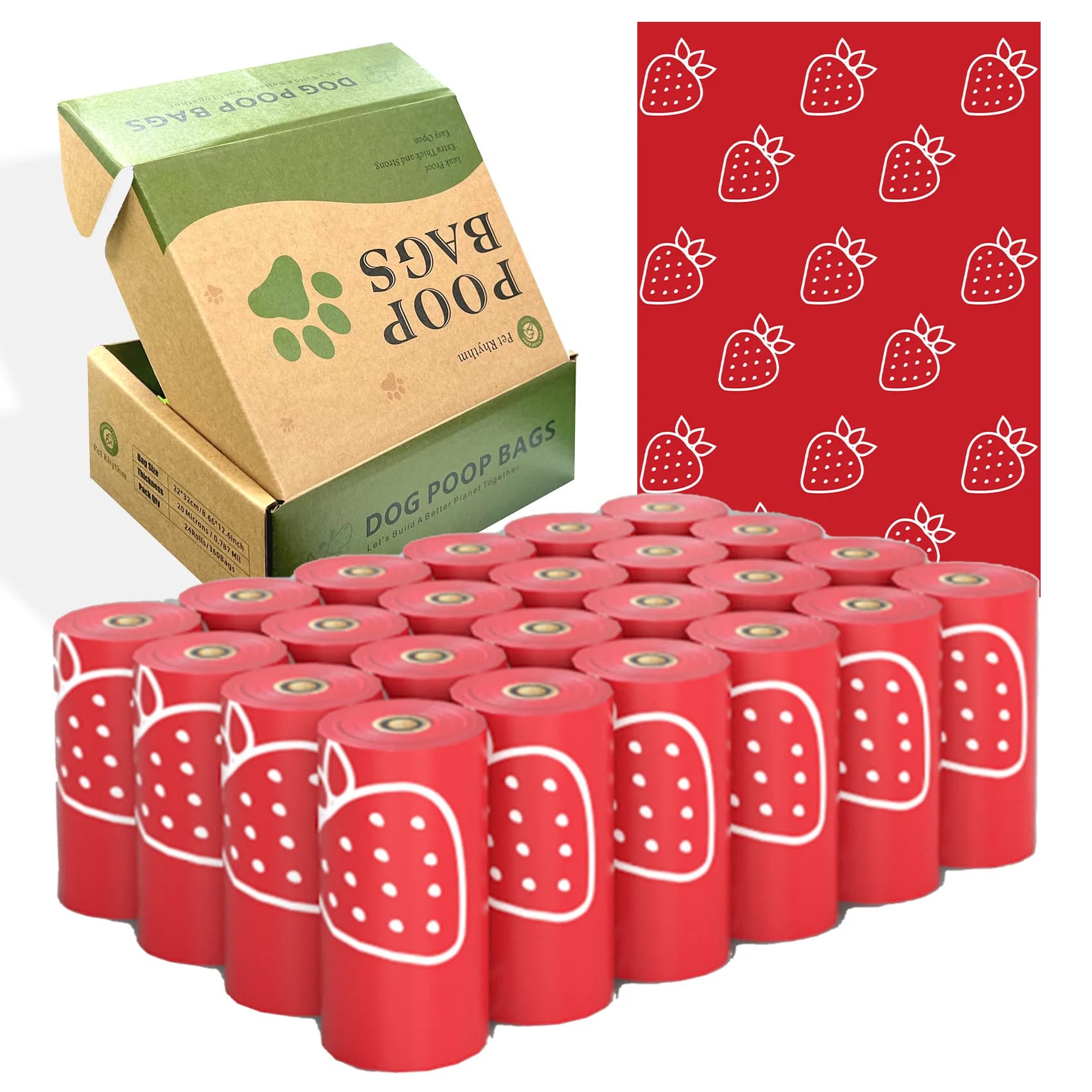 Photodegradable and thickened dog feces bag with strawberry fragrance and a leak proof pet feces bag dispenser