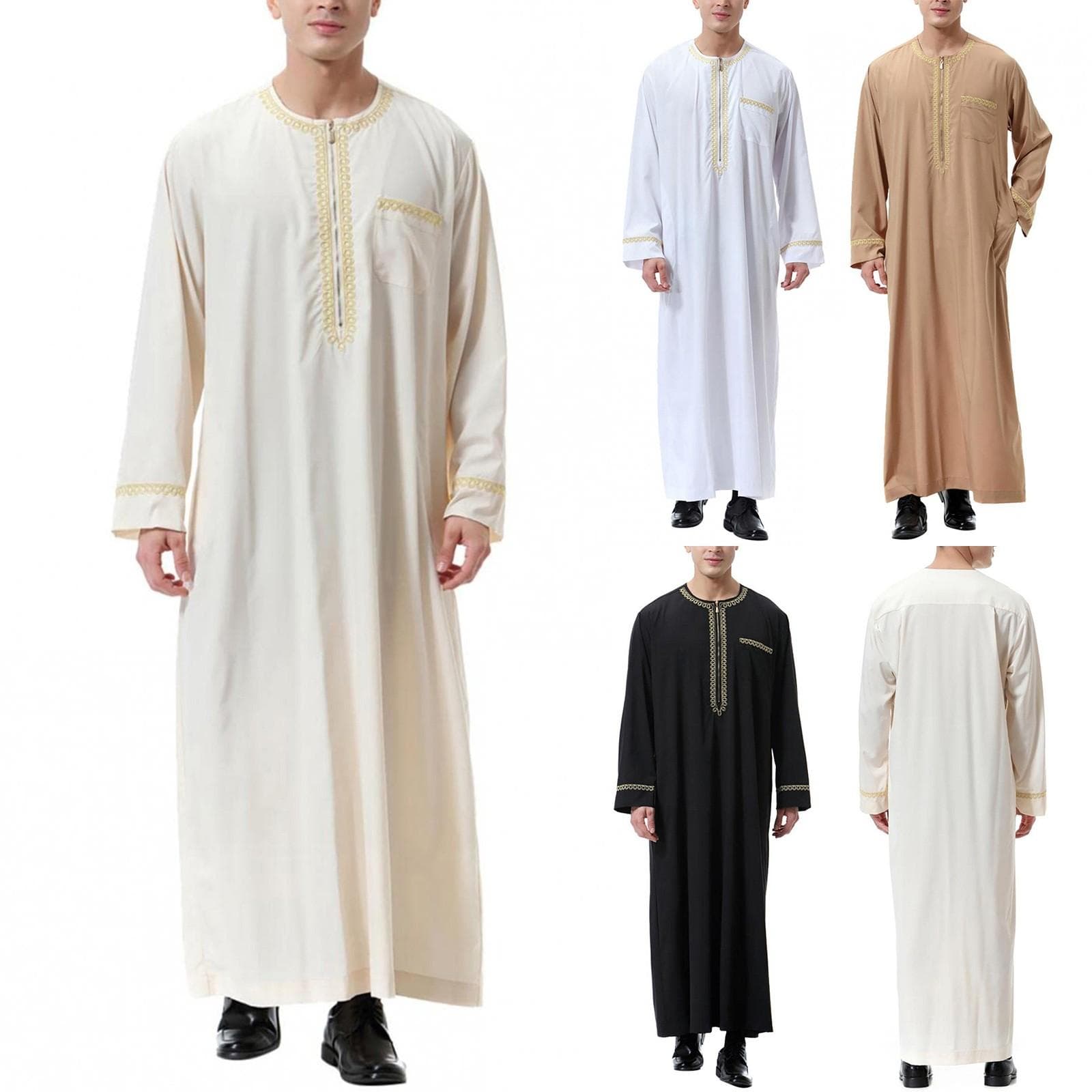 Férfi muszlim ing mintás Kaftan Islamic Royalty Dubai köntös O-nyakú, hosszú ujjú retro tunikák Abaya laza kandoura cm barna