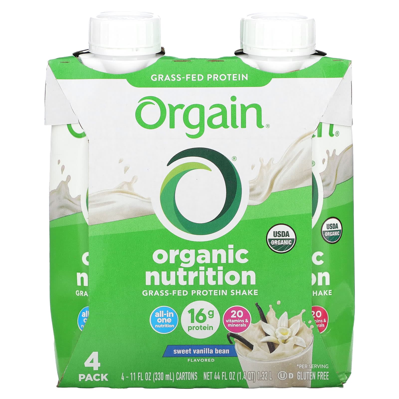 Orgain, Bio Táplálkozás, Füvellyel Táplált Fehérje Shake, Édes Vaníliabab, 4 csomag, 11 fl oz (330 ml) minden