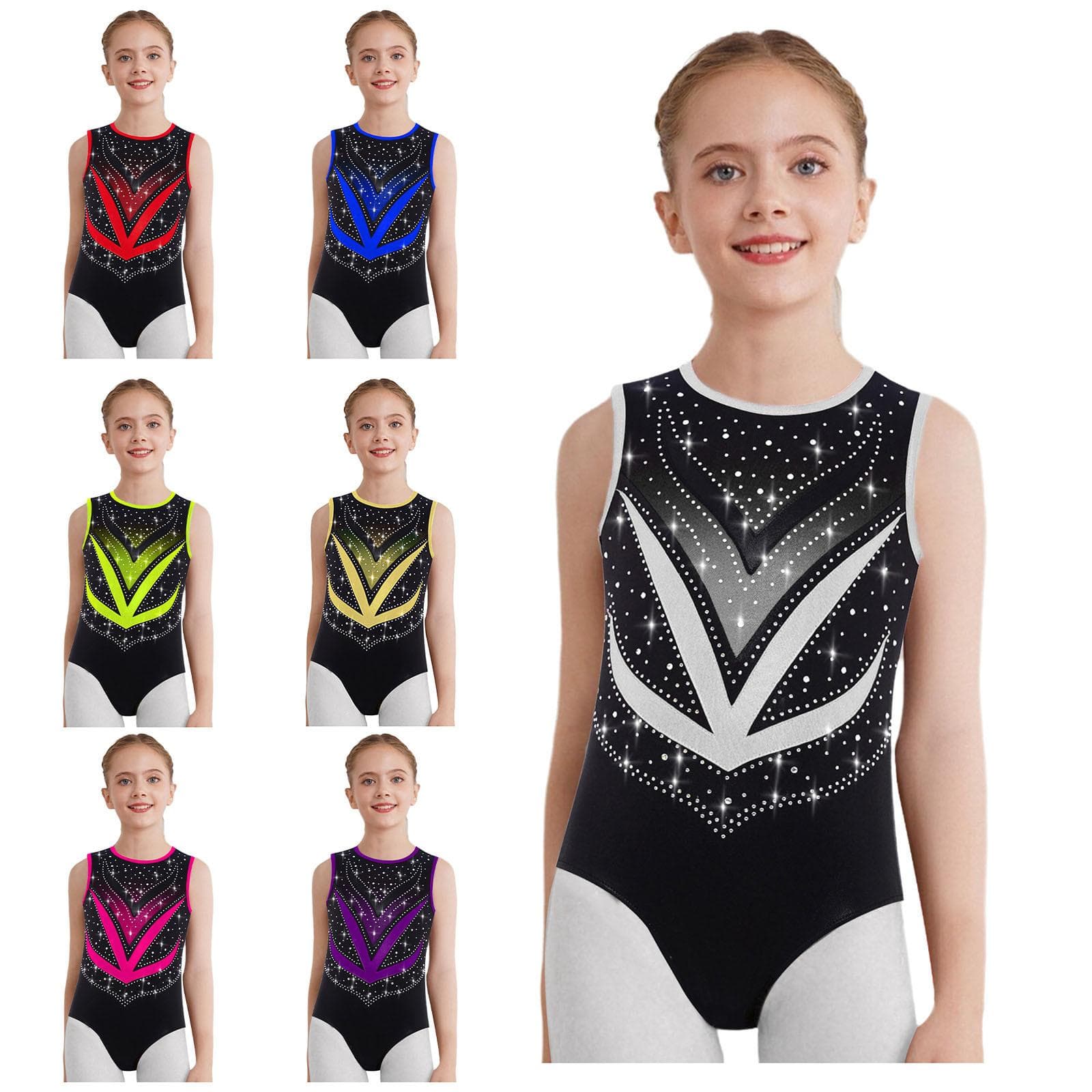 Lányok Gimnasztikai Meztrikó Ujjatlan Keresztpántos Kivágott Hátú Hálós Patchworkkel Fényes Strasszköves Bodysuit forró rózsaszín színű