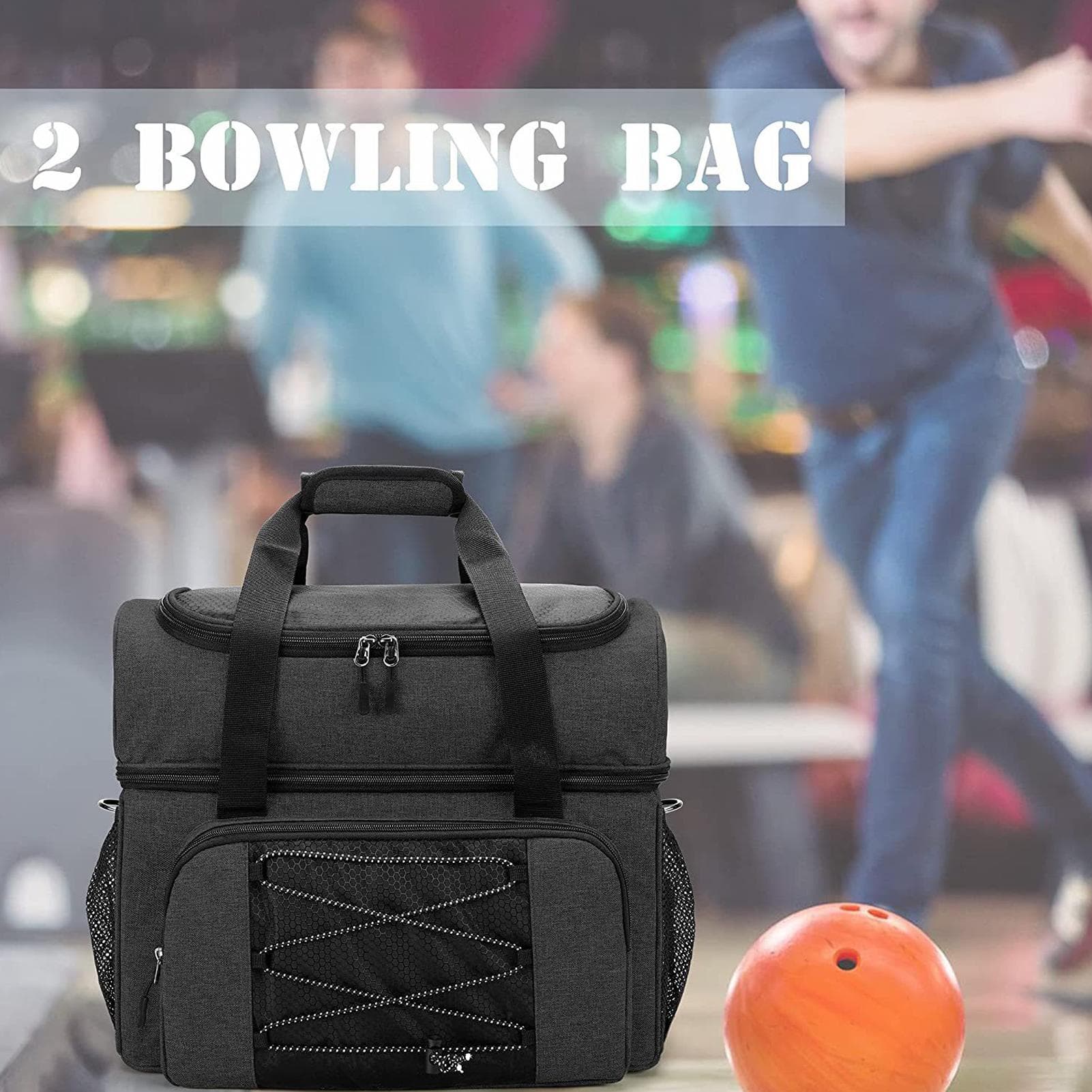 Bowling táska 2 labdához Hordozható bowling táska párnázott labdatartóval dupla labdához és párhoz fekete