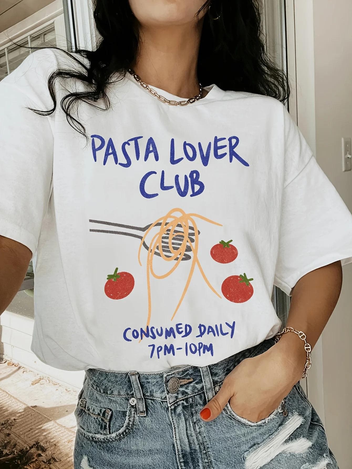 Női Pasta Lover Club mintás póló retro gyümölcsmintás rövid ujjú divatos felső, oversized Harajuku Y2k utcai viselet cm