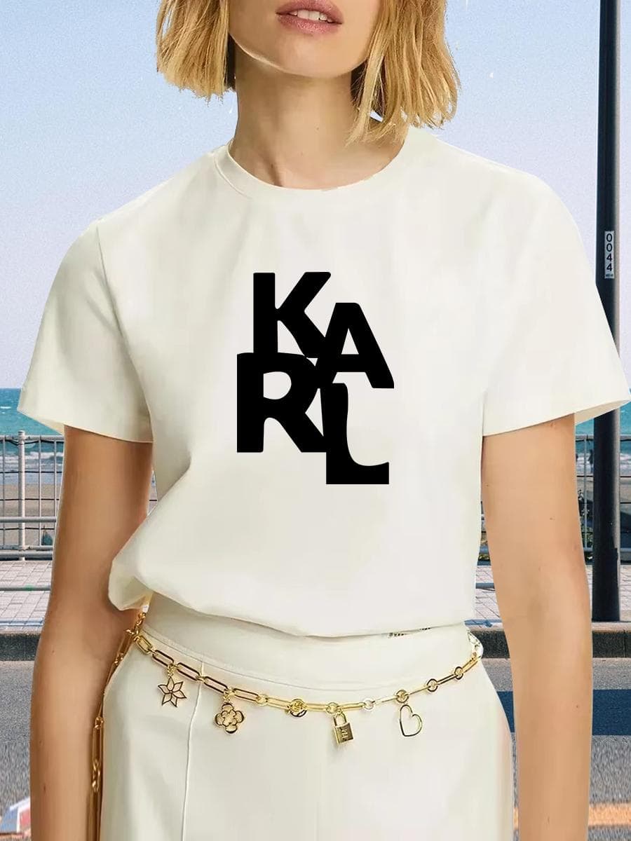 KARL Női Póló Betűnyomással Rövid Ujjú Pamut Pólók Kiváló Minőségű Luxus Márka Póló Nyári Streetwear Y2k Felsők cm