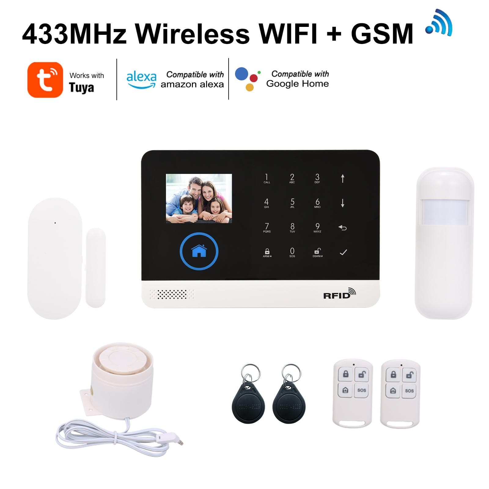 433MHz Vezeték nélküli WIFI + GSM Automatikus tárcsázó Riasztó Biztonsági Rendszer LCD Kijelző Ajtóérzékelő Okosotthon