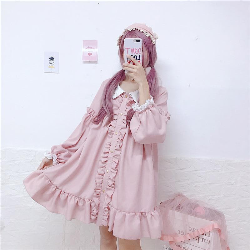 Japán Női Rózsaszín Lolita Stílusú Mini buliruha Fodros csillagok pólóruha Aranyos Kawaii Cosplay Egyenruha cm rózsaszín