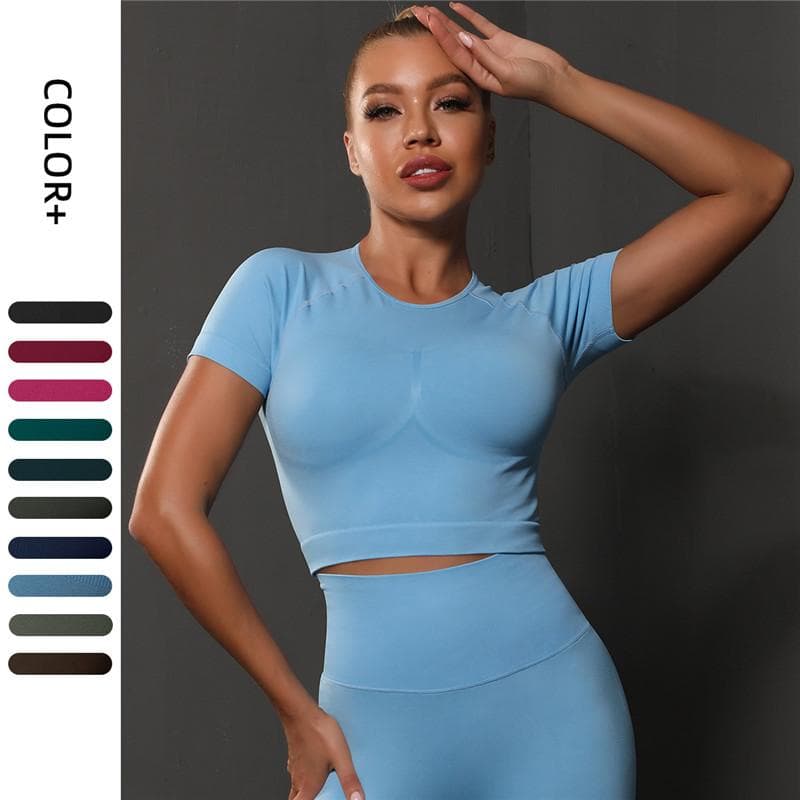 Nessaj Rövid ujjú jógaingek Női Fitness Sport Crop Top Seamless Quick Dry Running pólók cm sötétzöld színű
