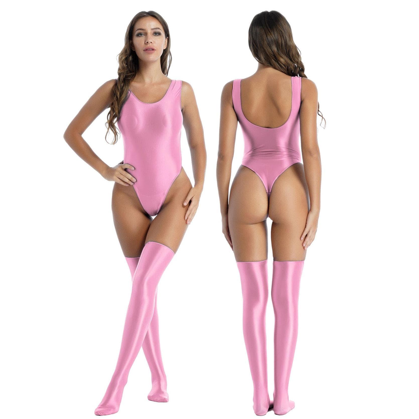 Szexi Body Női Fényes Rugalmas úszóruha Fürdőruha Bodycon Jumpsuit O Nyakú, Ujjatlan Magas Kivágású Body Harisnyával cm fekete