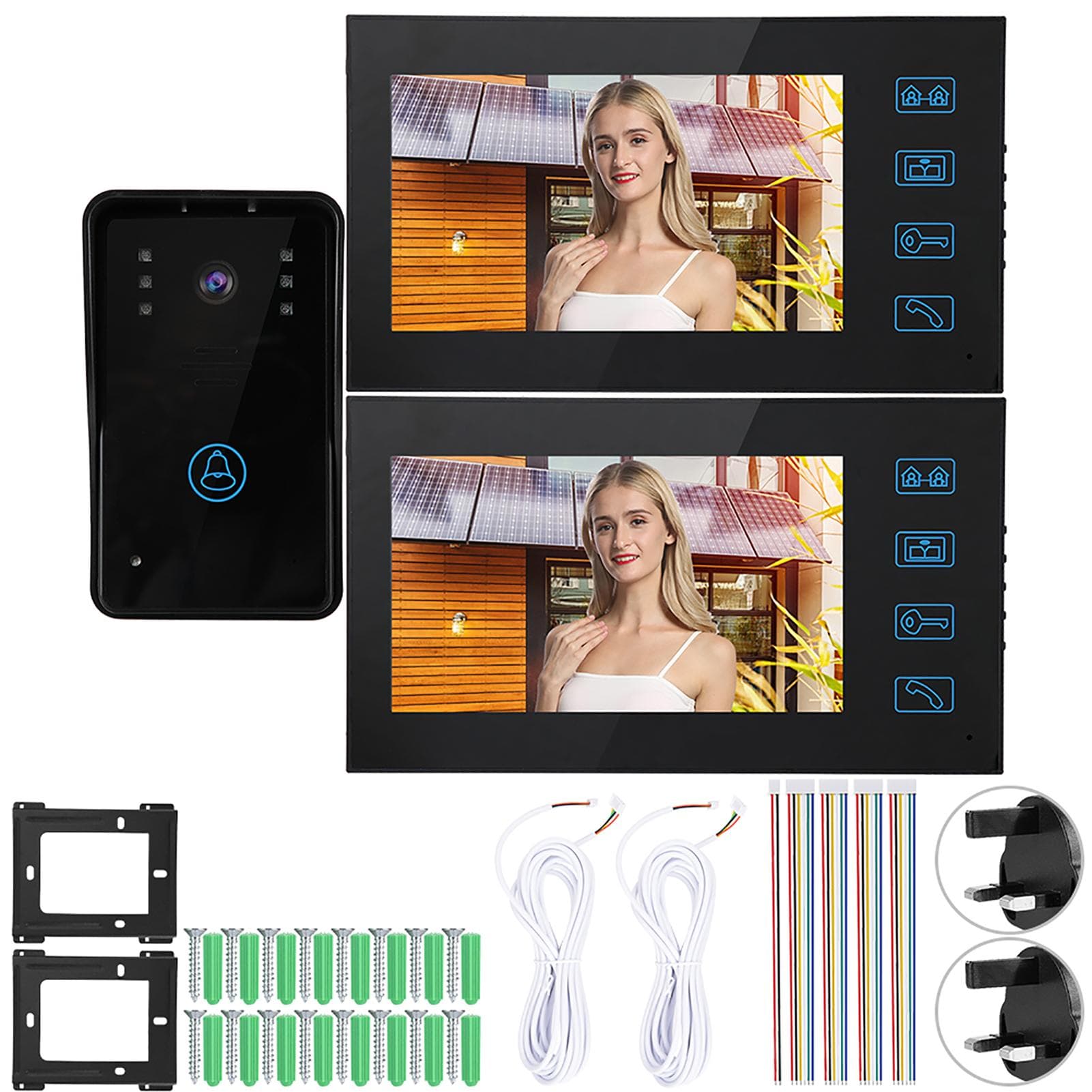 7 hüvelykes videós kaputelefon 2 monitorral, érintőképernyős kaputelefon éjjellátóval, csengőrendszerrel