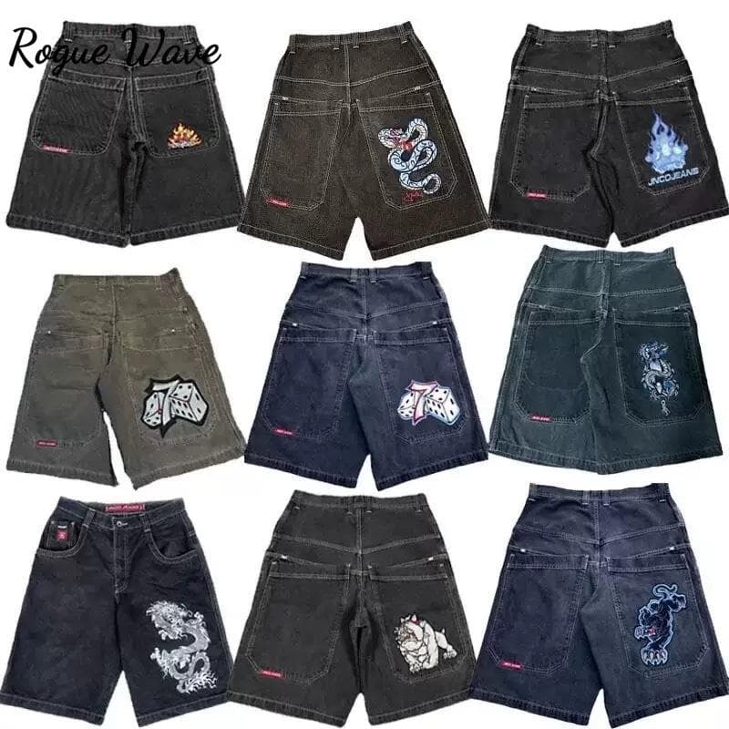 RogueWave Bő Szárú Rövidnadrág Gótikus Amerikai Zsebes Nyomott Mintás Farmer Edzőnadrág 2000-es Évek Vintage Streetwear Hip Hop Kosárlabda