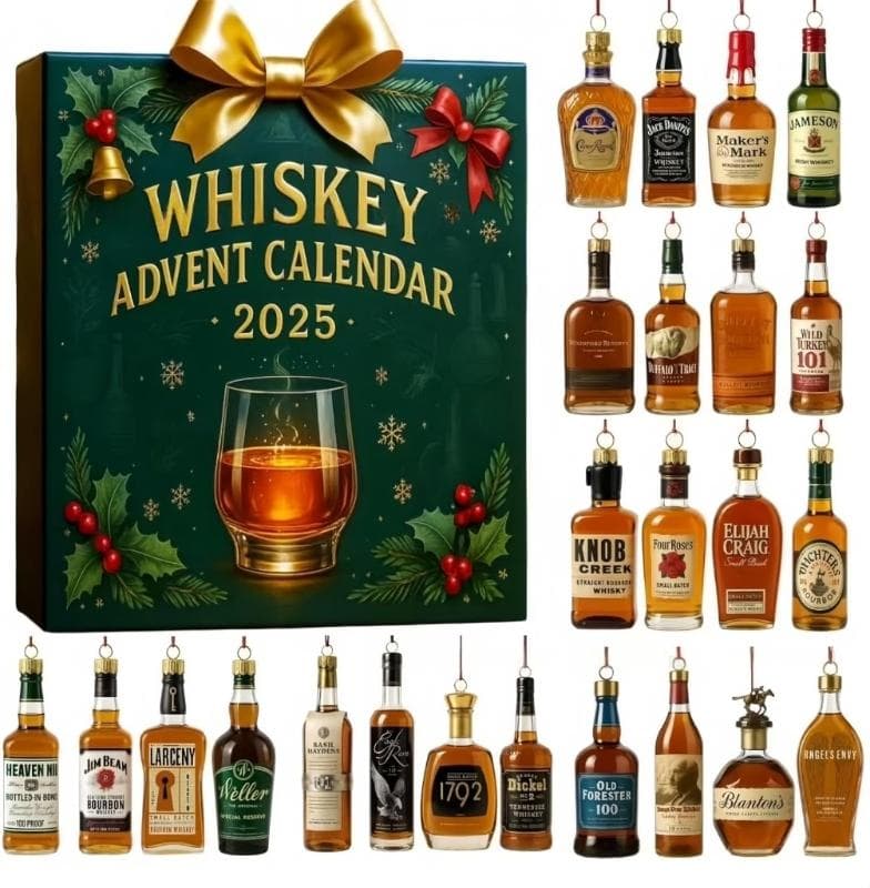 Whiskykóstoló Adventi Naptár 2025 24 miniatűr palackdizájnt tartalmaz, melyeket a világ lepárlói ihlettek cm fekete