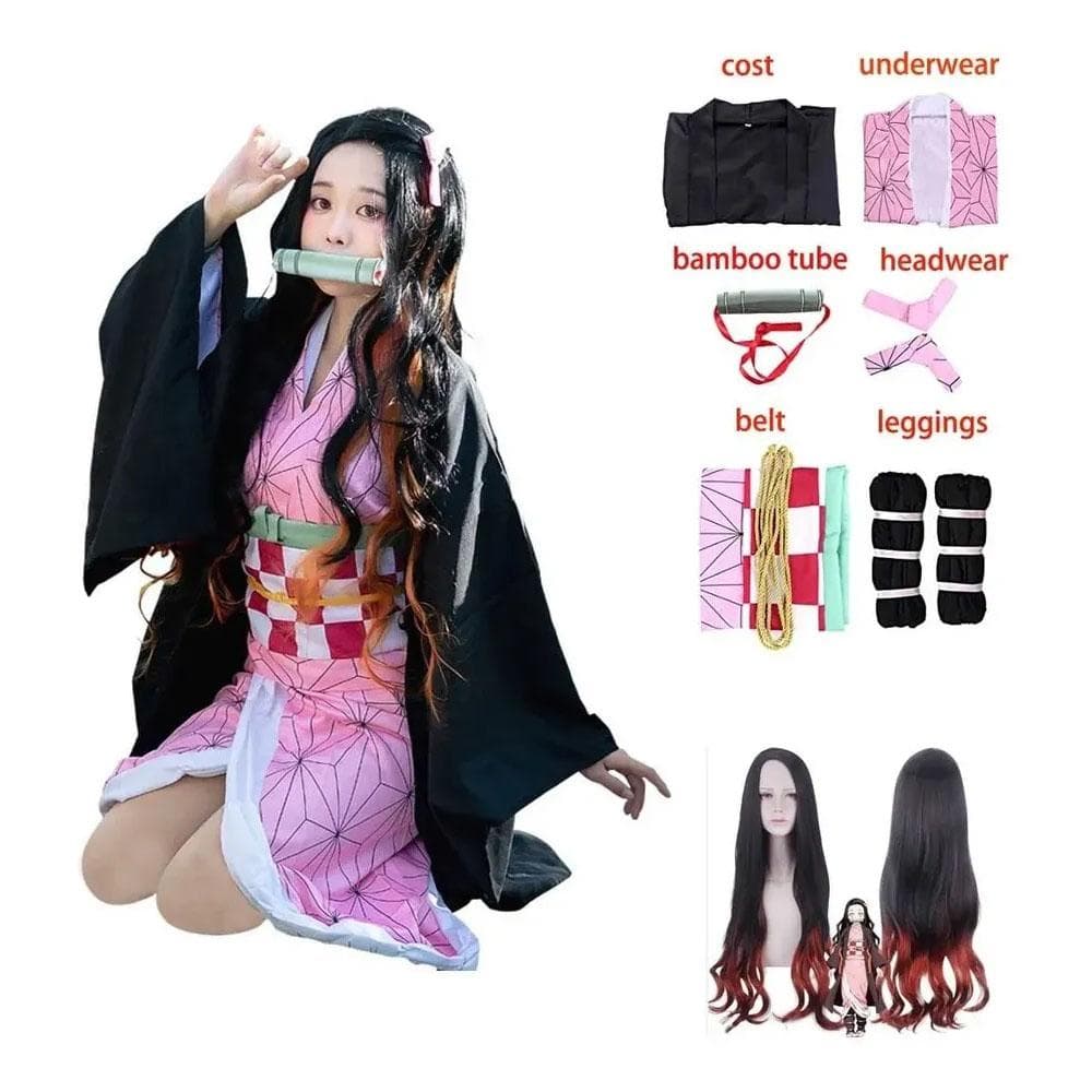 Felnőtt Női Anime Démonölő Kamado Nezuko Cosplay Paróka Hosszú Göndör jelmez Kimonó Jelmez Ruházat Gyerek Lányok 110cm