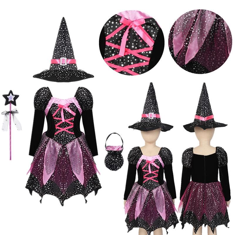 Gyerek lányok Halloween boszorkány jelmez csillogó ezüst csillagokkal nyomtatott karneváli cosplay ruha hegyes kalappal, pálcával