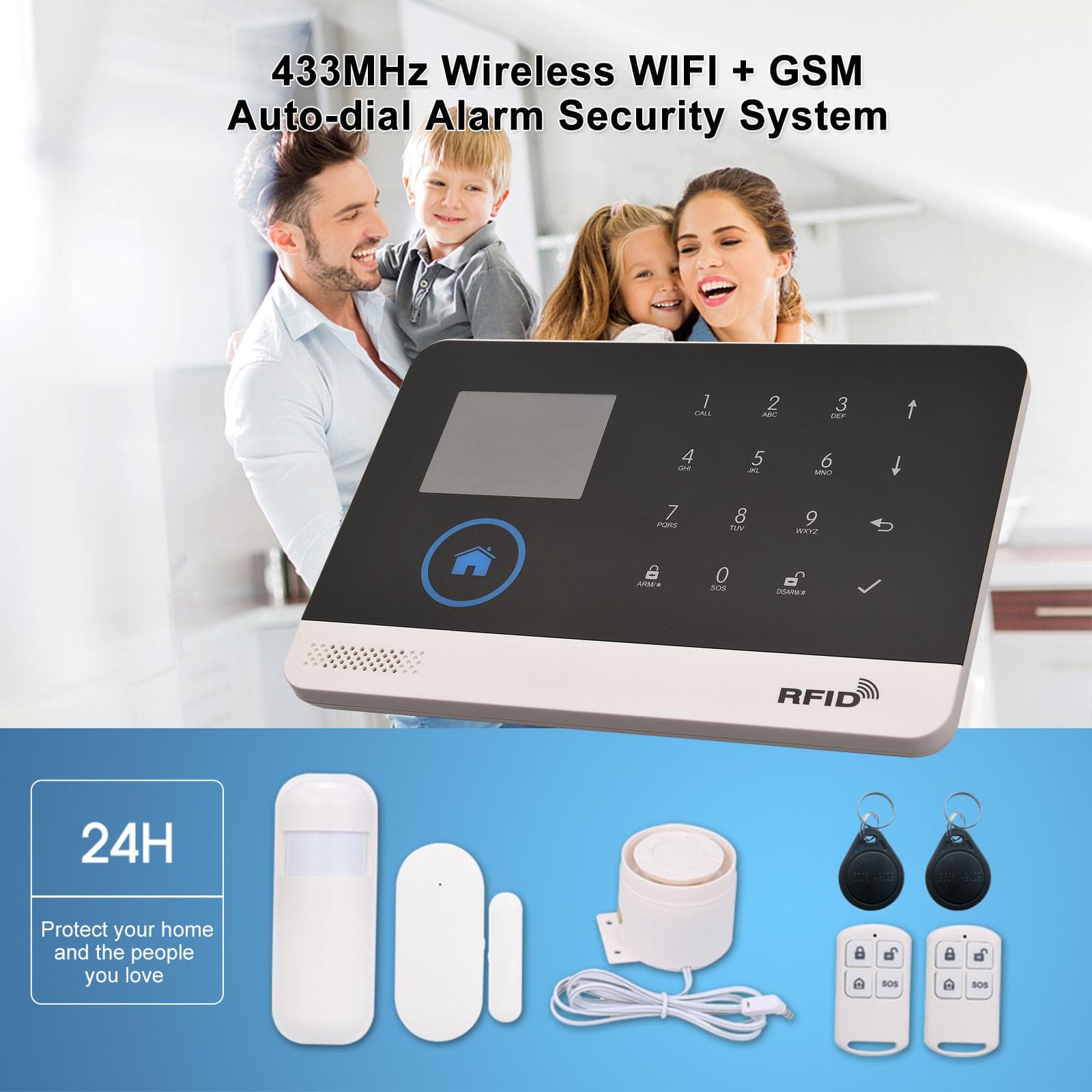 433MHz vezeték nélküli WIFI + GSM automatikus tárcsázó riasztó biztonsági rendszer LCD kijelző ajtó érzékelő PIR mozgás