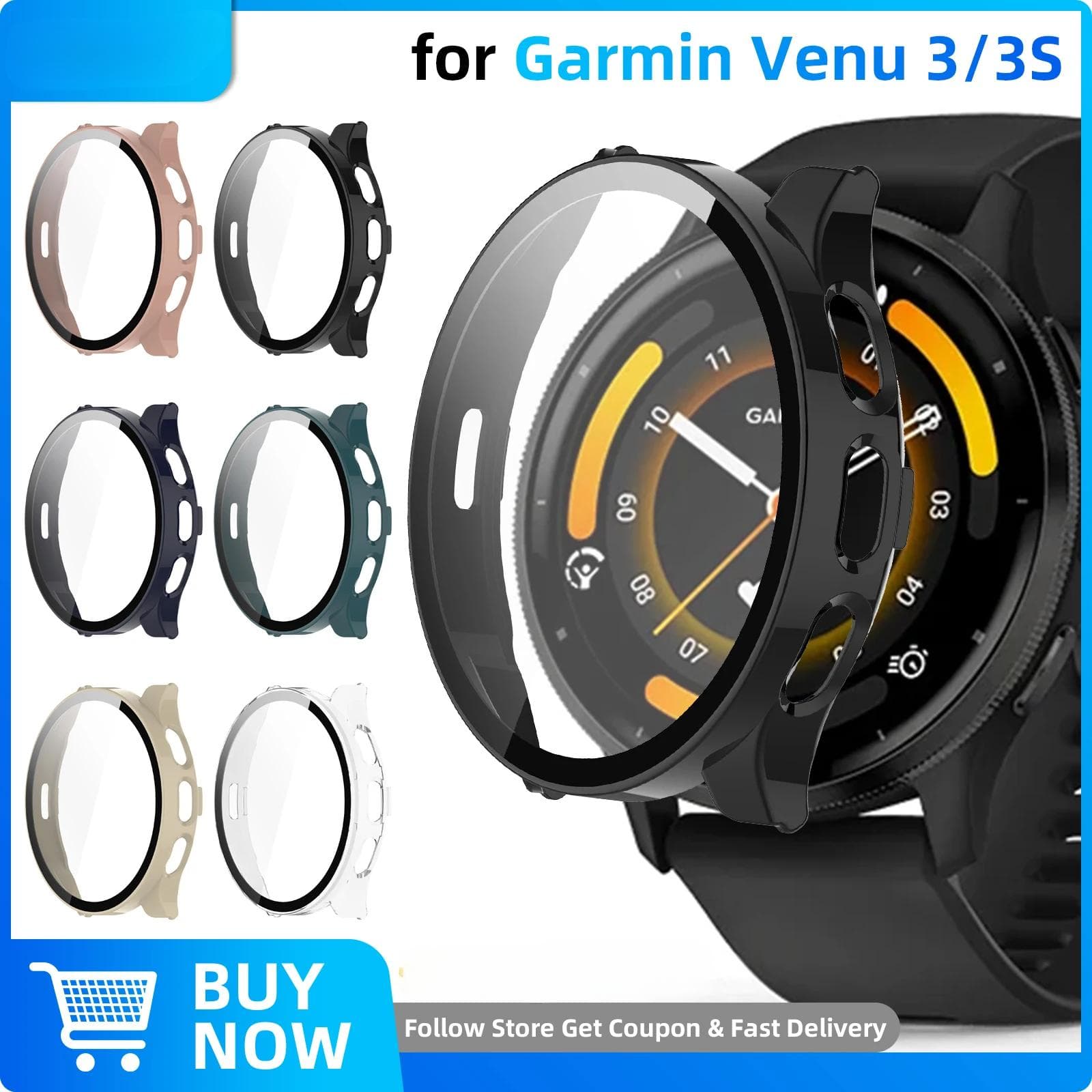 Üveg+Tok Garmin Venu 3/3S-hez Edzett Üveg Képernyővédő és Kemény PC Védő Keret Venu3 Ház Kiegészítők elefántcsont