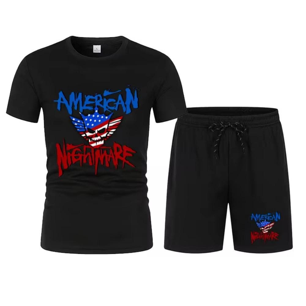 2025 Új Férfi Fekete Cody Rhodes Skeleton Mesh Póló+Rövidnadrág Szett Nyári Légáteresztő Gyorsan Száradó Rövid Ujjú Kapucnis Sportszett