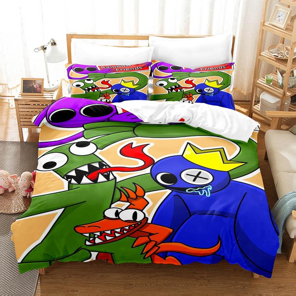 3D Rainbow Friends ágyneműgarnitúrák paplanhuzat szett párnahuzattal 2 teljes queen méretű kétszemélyes ággyal, ágyneművel