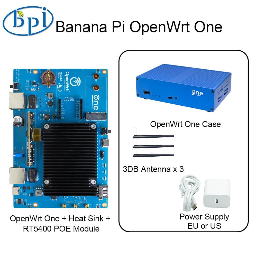 Banana Pi OpenWrt One MediaTek MT7981B 1 GB DDR4 2,5 GbE RJ45 és Gigabit Ethernet RJ45 256 MiB SPI NAND nyílt forráskódú intelligens