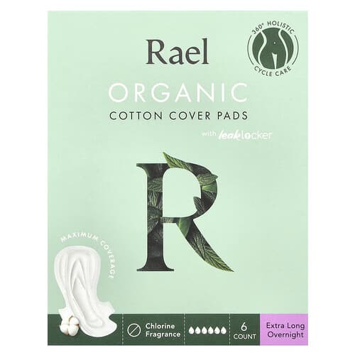 Rael, Organic Cotton Cover Pads, Extra Long Overnight, 6 Count