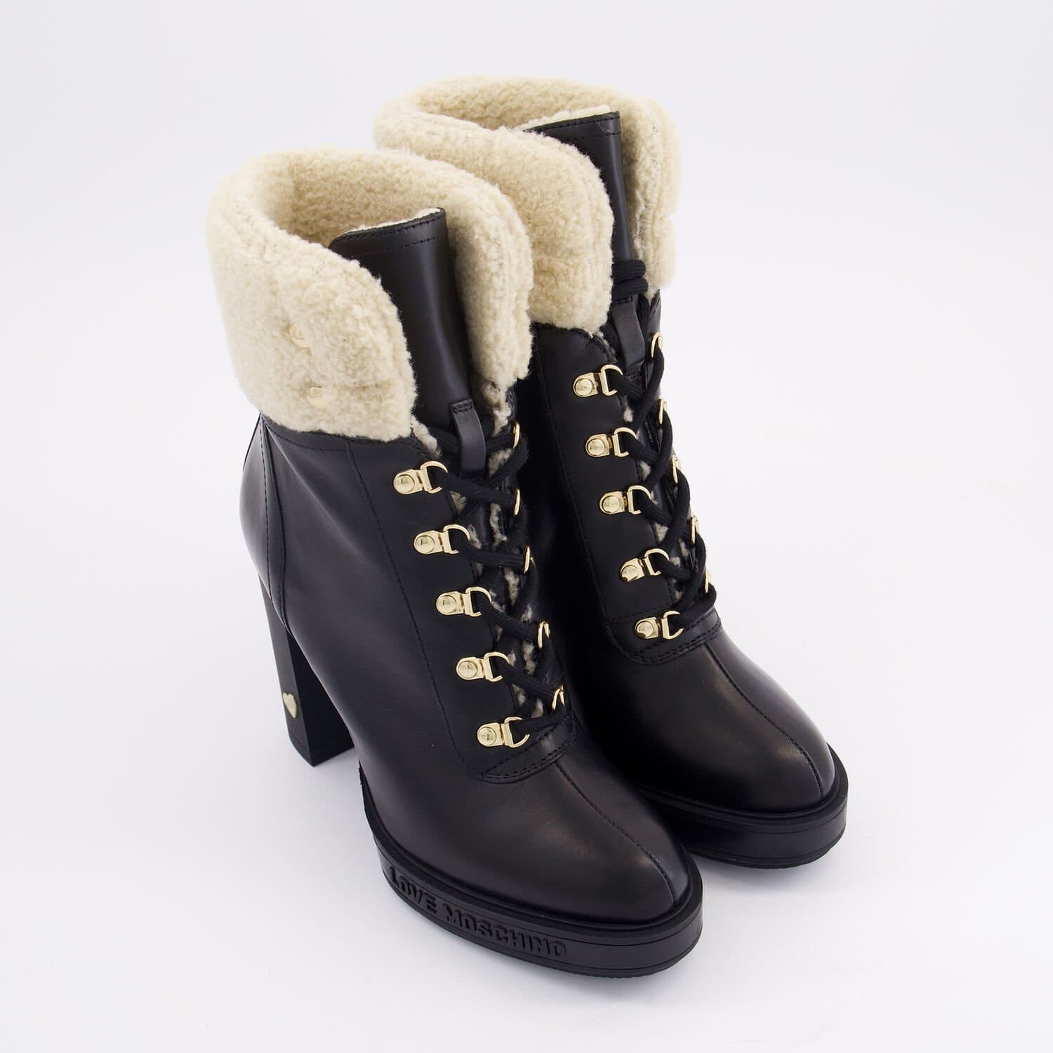 Love Moschino Trek Heeled Black Leather Fur Ankle Boots UK Size 6