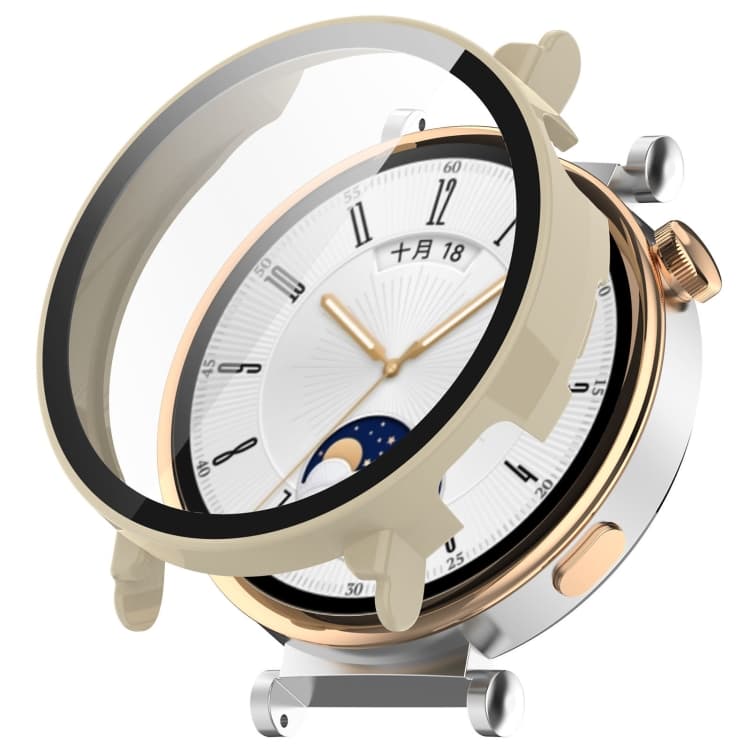PC TELJES BORÍTÁS Üveggel ellátott műanyag borítás Huawei Watch GT 4 41mm bézs színű készülékhez