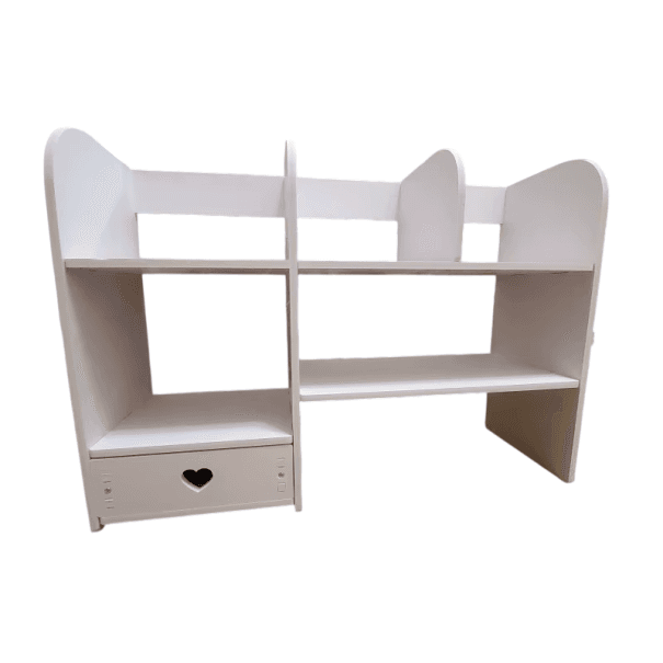 Fehér asztali szervező 50 x 15 x 36 cm 5 polccal és 1 fiókkal PVC tároló doboz irodai kellékek, kozmetikumok és apróságok számára az
