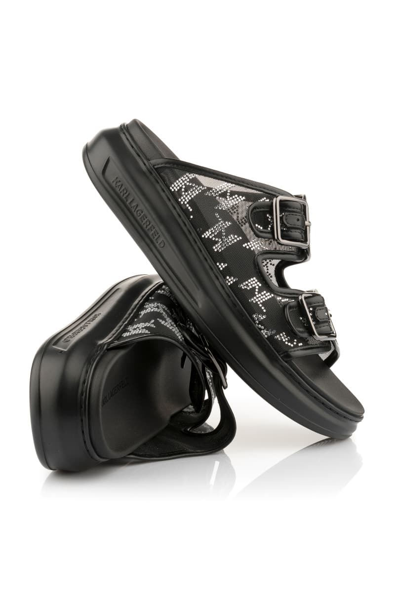 Papucs Karl Lagerfeld Kapri Slide Sparkle 2-Strap Black Mesh Text W/Silver