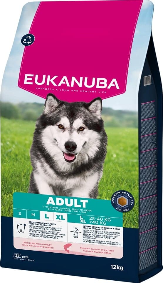 EUKANUBA Adult Large Breeds Salmon Barlej 12 kg száraz kutyatáp nagytestű kutyák számára, gazdag lazacban és árpában