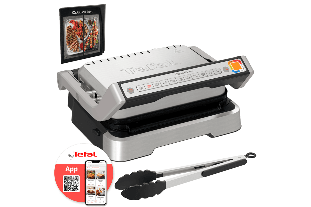Elektromos grill Tefal OptiGrill 2az1-ben fogóval GC773D30 Rozsdamentes/Fekete