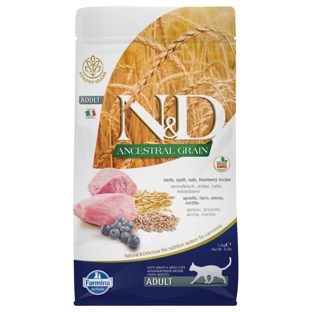 2x1,5kg N&D gazdaságos csomag száraz macskatáp - Ancestral Grain Adult bárány & áfonya